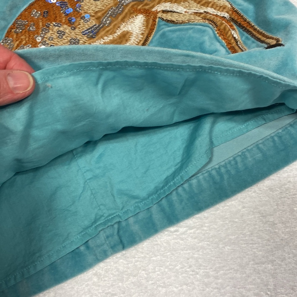 Mini Boden aqua velour embroidered sequin deer and bird jumper 5/6 - Picture 6 of 9